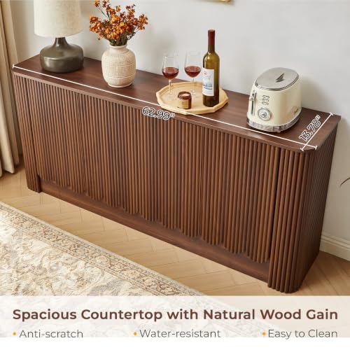 63" Fluted Sideboard Cabinet, Modern Buffet Cabinet with Storage, Walnut, view 6
