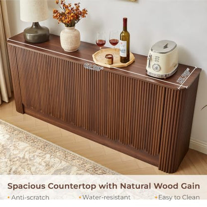 63" Fluted Sideboard Cabinet, Modern Buffet Cabinet with Storage, Walnut, view 6