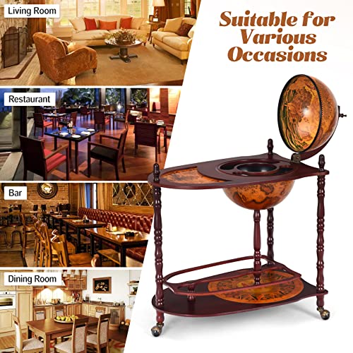 Retro Globe Bar Cart, 34.5" Mobile Liquor Cabinet with Wheels, Storage Shelves, Antique World Map Design, Mid-Century Italian Style Wine & Spirits Display Stand for Dining Room, Pub