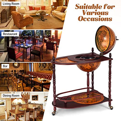 Retro Globe Bar Cart, 34.5" Mobile Liquor Cabinet with Wheels, Storage Shelves, Antique World Map Design, Mid-Century Italian Style Wine & Spirits Display Stand for Dining Room, Pub