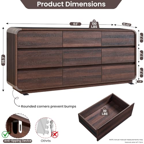 9 Drawer Dresser for Bedroom, Modern Curved Wood Chest of Drawers, view 3