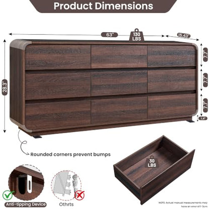 9 Drawer Dresser for Bedroom, Modern Curved Wood Chest of Drawers, view 3