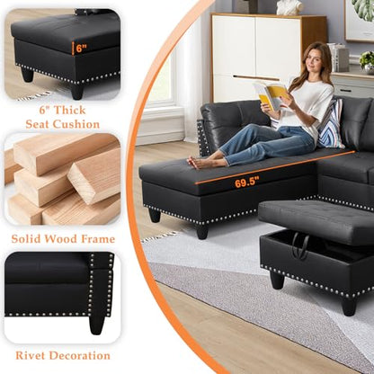 Sectional Sofa Couch, Modern 4-Seaters Living Room Furniture Sets with Chaise Lounge, Ottoman & 2 Pillows | L Shape Couch | Cup Holder | Faux PU Leather, Black
