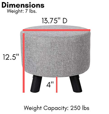 Grey Linen Foot Stool Ottoman – Soft Compact Round Padded Seat – Living Room and Bedroom – Black Wood Legs Upholstered Decorative Furniture Rest – Vanity Seat