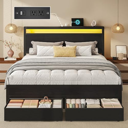 Wooden Queen Bed Frame with Storage and Charging Station, view 4