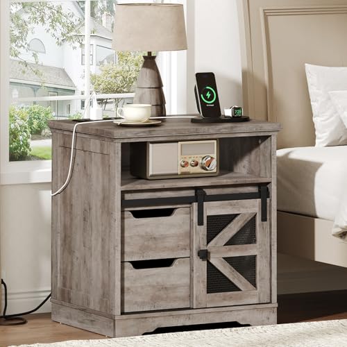 Farmhouse End Table with Charging Station, Sofa Side Table with 2 Drawers and Barn Door, Rustic Wooden Nightstand Bedside Table for Bedroom, Living Room, Greige
