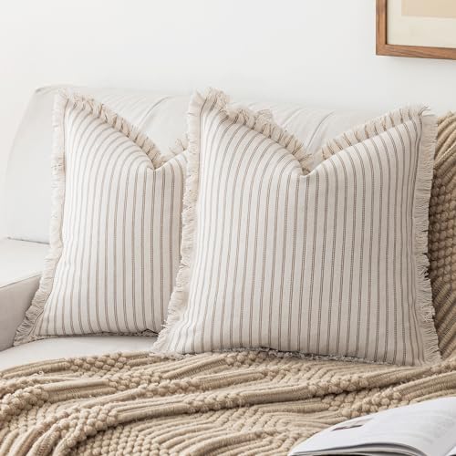 YEENAASY Throw Pillow Covers 20x20 Boho Striped Pillow Cases with Tassel, view 2