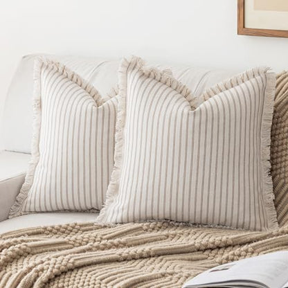 YEENAASY Throw Pillow Covers 20x20 Boho Striped Pillow Cases with Tassel, view 2