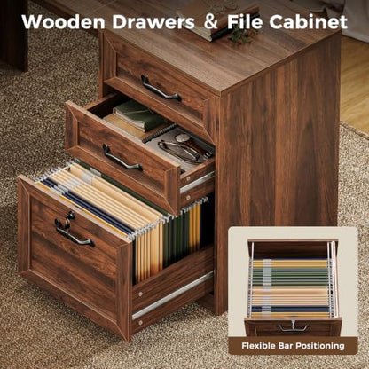 Farmhouse 68 Inch L Shaped Executive Desk with Drawers, Walnut, view 4
