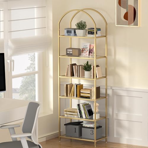 6-Tier Tall Gold Bookshelf, Arched Bookcase with Glass Shelves, view 8