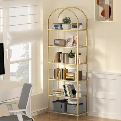 6-Tier Tall Gold Bookshelf, Arched Bookcase with Glass Shelves, view 8