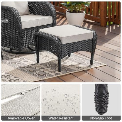 Outdoor Ottomans for Patio Foot Rest - 25 Inch PE Wicker Foot Stool Set of 2 with Removable Cushions for Patio Furniture Sets,All Weather Rattan Ottoman for Balcony Backyard Black/Beige