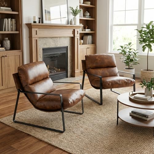 Mid-Century Accent Chair Armchair, Comfy PU Leather Leisure Chair Lazy Chair with Metal Leg for Living Room Bedroom Office Apartment, Brown