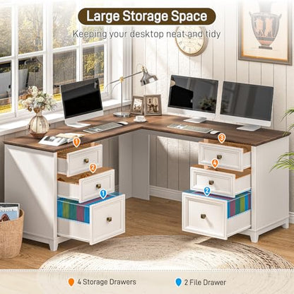 Farmhouse L Shaped Executive Desk with 6 Drawers, 59’’ Wood Home Office Desk with File Cabinet, Writing Corner Computer Desk for Home Office, Work, Study, White and Brown