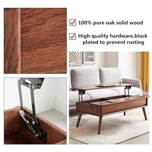 Solid Oak Wood Lift Top Coffee Table for Living Room, Mid Century Modern Tables with Drawers and Large Storage, Coffee Tables for Small Spaces (Oak Walnut Color, 39.37" W x 21.65" D x 25.59" H)
