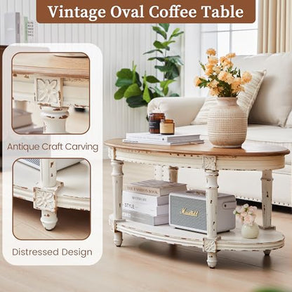 39" French Country Two Tone Oval Coffee Table,Chipped White Vintage 2 Tier Center Table with Storage for Living Room Office,Tool-Free Assembly (White)