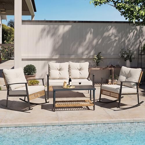 4-Piece Patio Conversation Set, Comfortable Oversized Outdoor Furniture Set with Rocking Chairs and Storage Coffee Table for Backyard, Porch, Garden and Poolside
