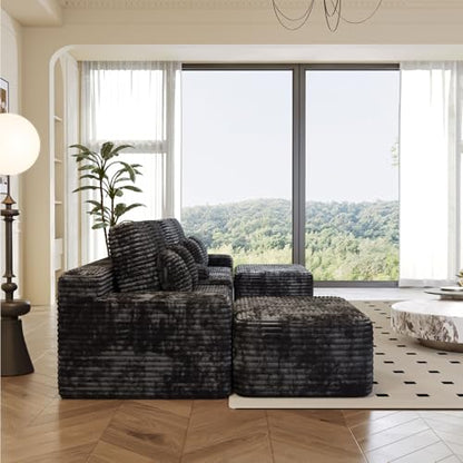 150" U-Shaped Oversized Corduroy Modular Sectional Sofa with 2 Ottomans and Multi Functional Console, 6-Seater Upholstered Couch with USB and 2 Cup Holder, Easy Assembly, for Living Room, Black