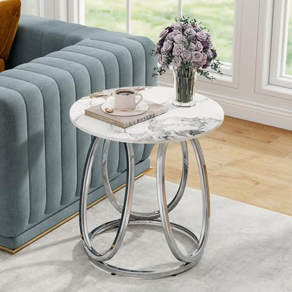 Silver Side Table Living Room, Round End Table with Metal Frame, Modern Nightstand for Small Spaces, Bedroom, Home Office, 1PC