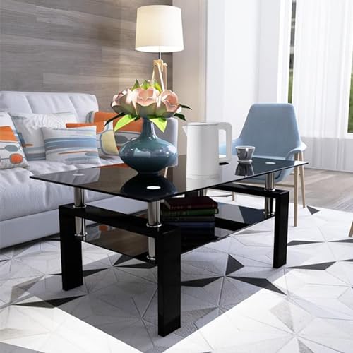 Black 2 tier glass top coffee table with wooden legs, view 2