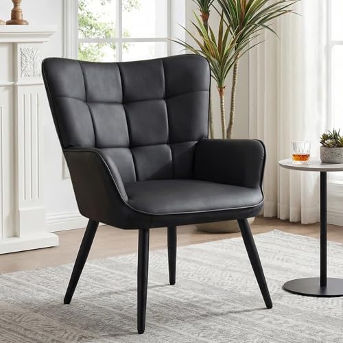 PU Leather Armchair, Modern Mid Century Accent Chair with Backrest & Metal Legs, Comfy Upholstered Barrel Chair for Living Room Bedroom Home Office Vanity Room, Black
