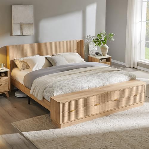 Fluted King Size Bed Frame with Wingback Headboard, Footboard Storage Bench with Built-in Drawers & Lift-Up Compartments, Wood & Steel Platform Bed, No Box Spring Needed, Natural Oak