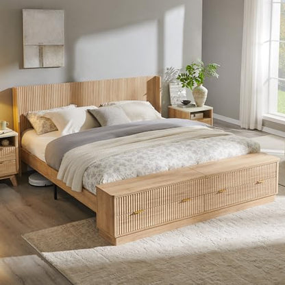 Fluted King Size Bed Frame with Wingback Headboard, Footboard Storage Bench with Built-in Drawers & Lift-Up Compartments, Wood & Steel Platform Bed, No Box Spring Needed, Natural Oak