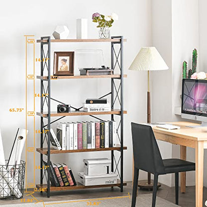 Bookshelf, 5-Tier Industrial Bookcase, Rustic Open Book Shelf, view 4