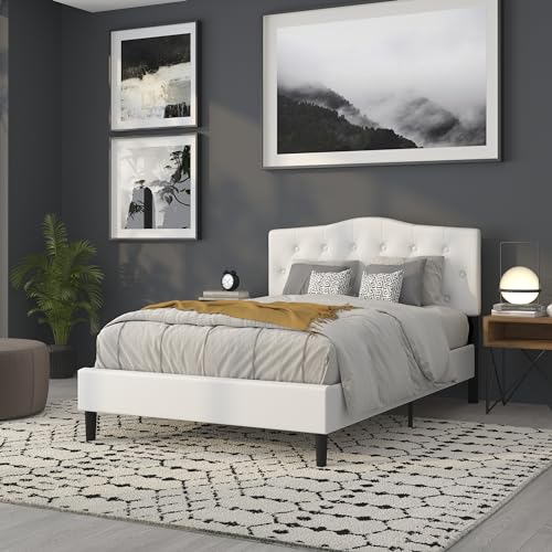 Arched Button Tufted Upholstered Full Size Headboard in White Fabric