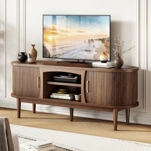 58" Fluted TV Stand, Mid Century Modern Entertainment Center, Walnut, view 2