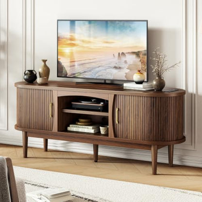 58" Fluted TV Stand, Mid Century Modern Entertainment Center, Walnut, view 2
