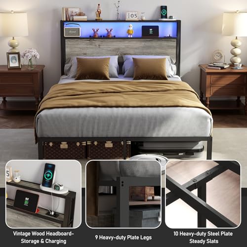 Queen Size Bed Frame with 2-Tier Storage Headboard, Rustic Grey, view 6