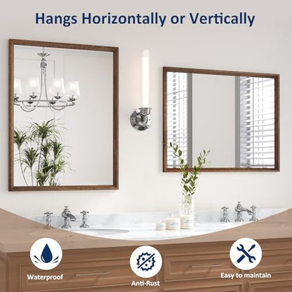 Walnut Bathroom Mirror 24x36 Inch, Walnut Wood Grain Framed Mirror, Rectangle Wall Mounted Bathroom Vanity Mirror with Tempered Glass, Hangs Vertically or Horizontally, Anti-Rust