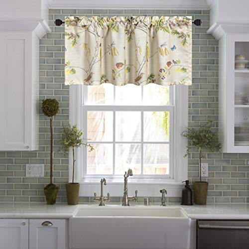 Birds Print Kitchen Curtains Valance, Country Style Faux Linen Curtain Panels for Living Room, Decorative Rod Pocket Valances for Bathroom Bedroom Windows, 1 Panel, 52x18