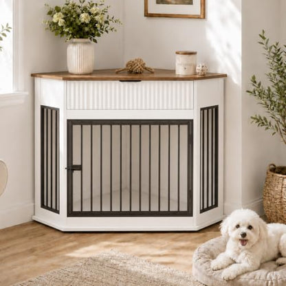 Wooden Corner Dog Crate Furniture for Small & Medium Dogs (White), view 2