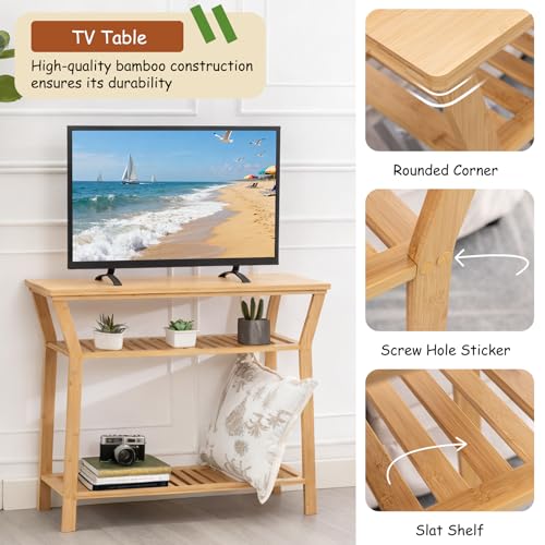 Bamboo Console Table, 38.6" Entryway Table with Storage, Display Table, Narrow Sofa Table for Entryway, Living Room, Foyer