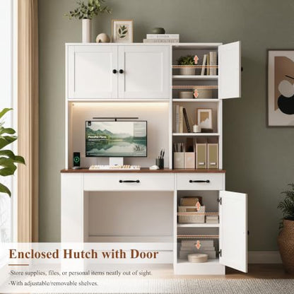 71" Tall Computer Desk with Hutch, LED & Charging Station, White, view 8