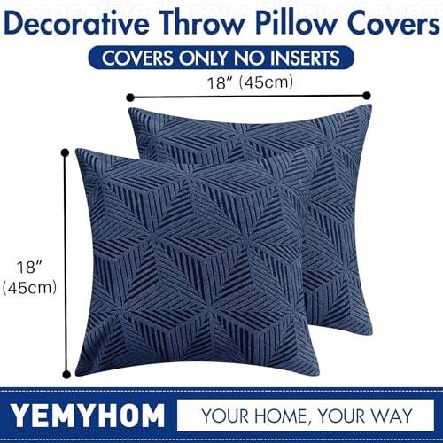 Pack of 2 Throw Pillow Covers 18 x 18 Inch High Stretch Jacquard Pillowcase for Couch Sofa Living Room Home Decor, Navy