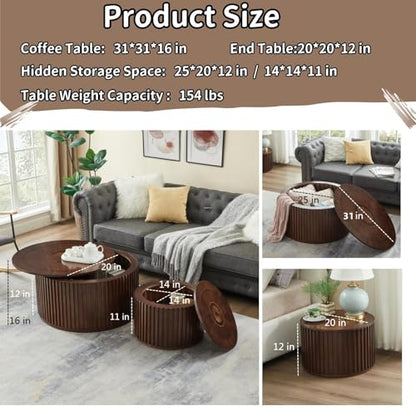 Round Coffee Table Set of 2, Nesting Coffee Tables with Removable Lid, Mid Century Modern Wooden End Table with Large Storage Space for Living Room