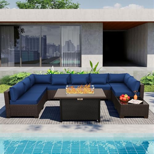 10 Pieces Wicker Patio Furniture Set with Patio Glass Table Outdoor Sectional Conversation Sofa Set with 43 inches Fire Pit Table and Non-Slip Cushione, Navy Blue