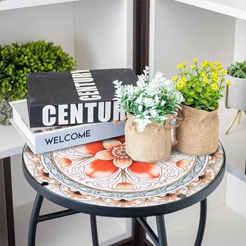 12 Inch Small Outdoor Side Table with Pink Flower, Glass Mosaic Patio Table Indoor, Round Plant Coffee Table for Living Room, Balcony, Garden