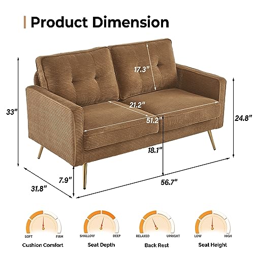 56" Modern Khaki Loveseat,Small Corduroy Sofa Couch Deep Seat for Living Room,2-Seater Loveseat Sofa for Bedroom,Apartment,Office,Dorm,Small Space