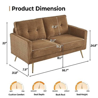 56" Modern Khaki Loveseat,Small Corduroy Sofa Couch Deep Seat for Living Room,2-Seater Loveseat Sofa for Bedroom,Apartment,Office,Dorm,Small Space