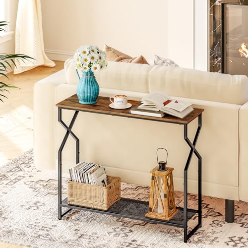 2 Tier Console Table, Sofa Table, Narrow Entryway Table, Hallway Entrance Table, Hourglass-Shaped Frames, Adjustable Feet, for Entrance, Living Room, Hallway, Rustic Brown CTHR21301