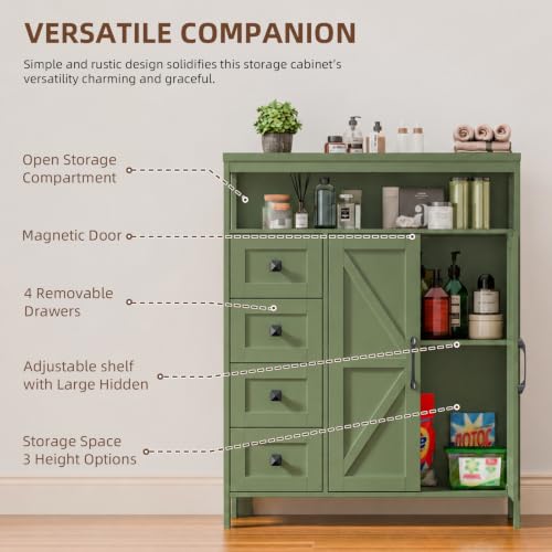 Farmhouse Storage Cabinet with 2 Doors and 4 Drawers, Green, view 4