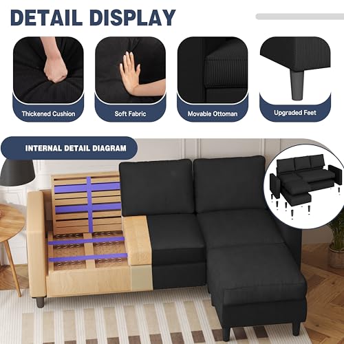 L Shaped Sectional Sofa Couch,Convertible Modular Sofas with Movable Ottoman,3-Seat Upholstered Corduroy Couch,Small Couches for Living Room,Apartment,Office(Black)