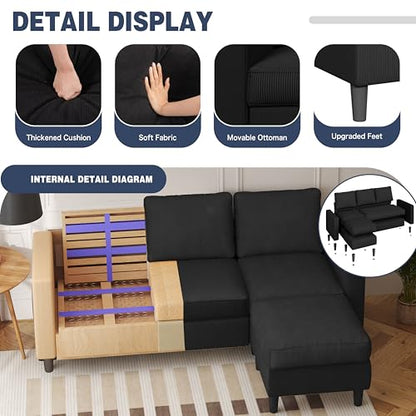L Shaped Sectional Sofa Couch,Convertible Modular Sofas with Movable Ottoman,3-Seat Upholstered Corduroy Couch,Small Couches for Living Room,Apartment,Office(Black)