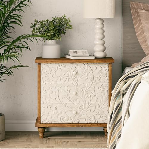 3 Drawer Farmhouse Dresser with Embossed Weathered Flower Motif, Vintage Nightstand for Bedroom, Almost Fully-Assembled, Boho, Natural Wood, White