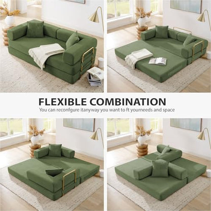 78 Inch Convertible Sleeper Sofa Bed, Folding Floor Mattress Couch with Fixed-Shape Frame, Futon Boneless Couch Lounge Loveseat with Pull Out Bed, No Assembly Required (Green)