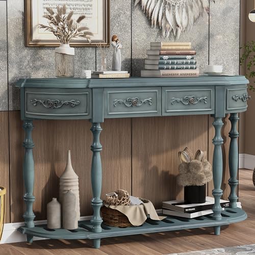 52'' Curved Half Moon Entryway Console Table with Storage, Antique Blue | Semicircular Accent Table, French Country, Solid Wood Legs, 4 Drawers, Open Shelf, Easy Assembly, for Living Room & Hallway